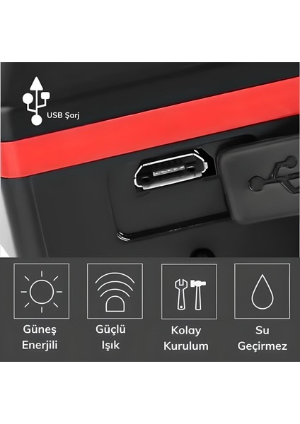 Solar Enerjili USB ile Şarj Edilebilir Ledli Bisiklet Feneri Kornalı ve Su Geçirmez Far