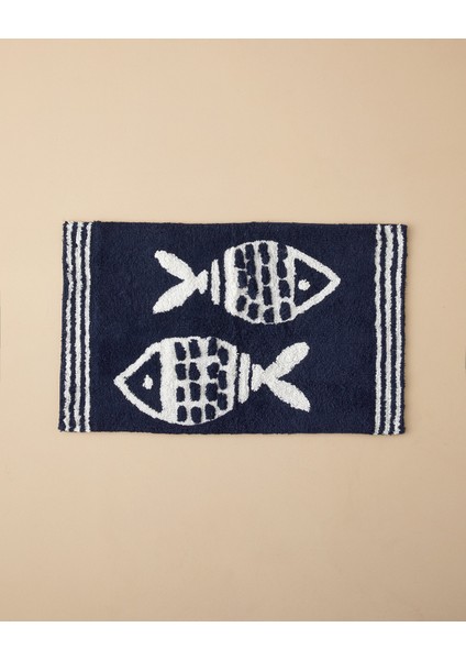 Fishbone Pamuklu Banyo Paspası Lacivert-Beyaz