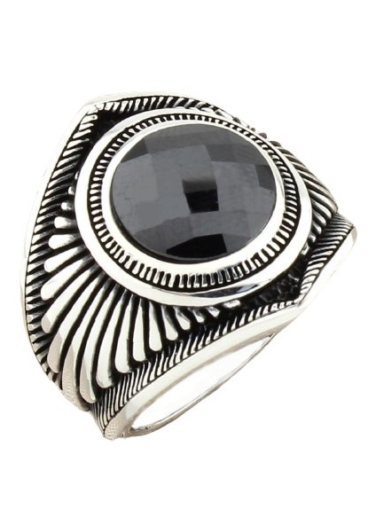 Erkek Yüzük Gümüş 925 Desenli Kare Taşlı