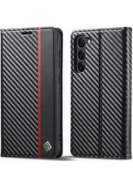 Samsung Galaxy S23 Manyetik Karbon Fiber Deri Folio Flip Case (Yurt Dışından)