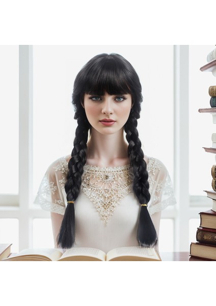 Qi Bangs Çarşamba Siyah Çift Örgü Büküm Örgü Çünkü Peruk Yüksek Sıcaklık Fiber Kimyasal Elyaf Tam Kafa Peruk Peruk (Yurt Dışından)