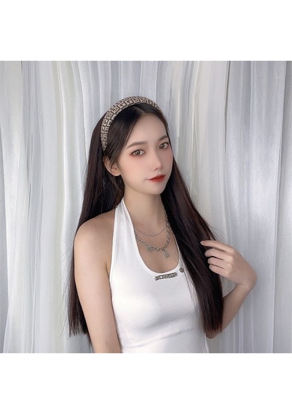 Peruk Kadın Retro Geniş Kenarlı Saç Bandı Tek Parça Uzun Saç Siyah Uzun Düz Peruk Sentetik Peruk (Yurt Dışından)