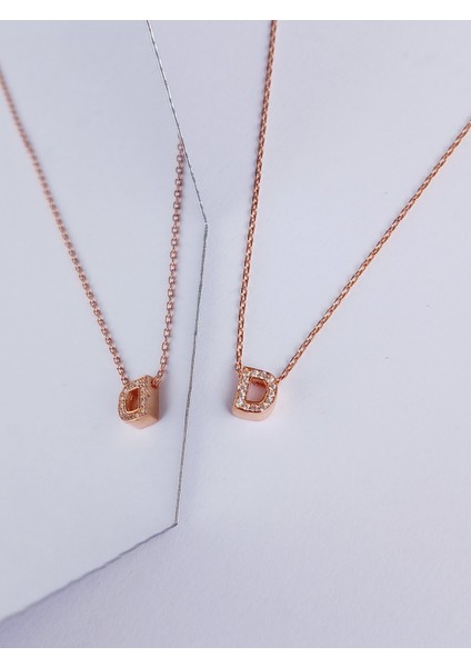925 Ayar Gümüş Zirkon Taşlı Gold D Harf Trend Kadın Kolye