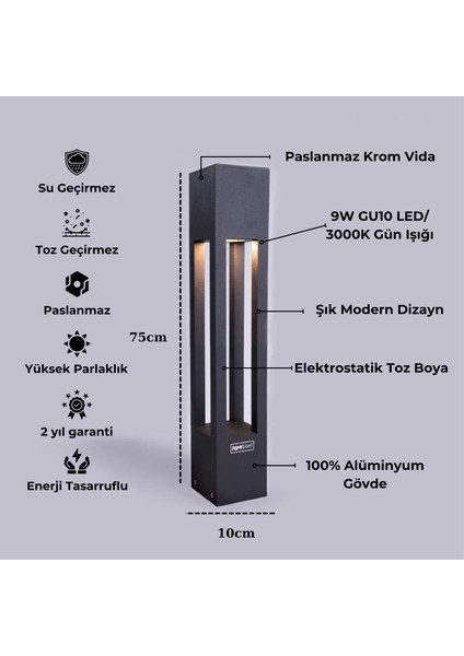 Fonelight Bollard Aydınlatma - Bahçe Yürüyüş Yolu Aydınlatma - Pazlanmaz, Toz ve Su Geçirmez Dış Mekan Aydınlatma Armatürü AKA010 75CM