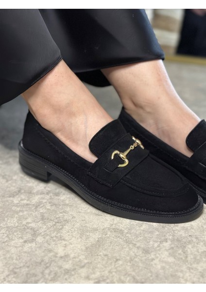 Günlük Kadın Siyah Loafer Klasik Desenli Taban Tokalı Oval Burunlu Makosen Ayakkabı 120 indirimleri
