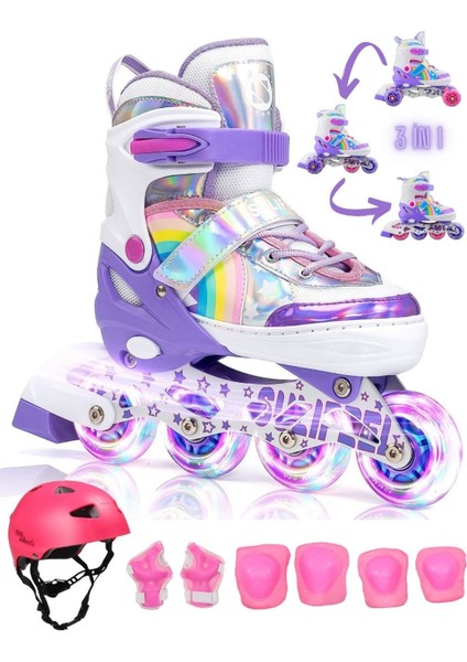Unicorn Işıklı Paten Kask Koruma Seti 2+2 Gökkuşağı Kız Çocuk Pateni Silikon Teker,taşıma Çantalı