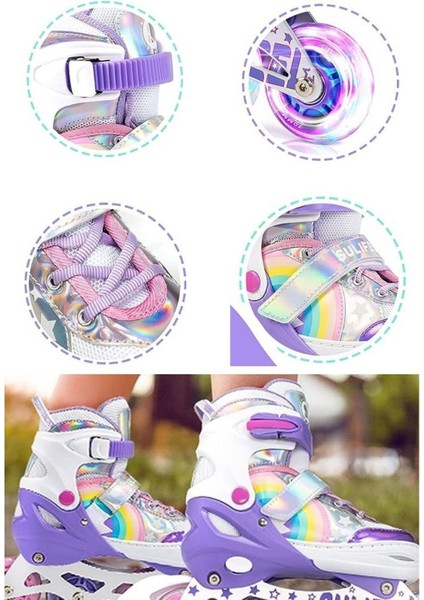 Unicorn Işıklı Paten Kask Koruma Seti 2+2 Gökkuşağı Kız Çocuk Pateni Silikon Teker,taşıma Çantalı indirimleri