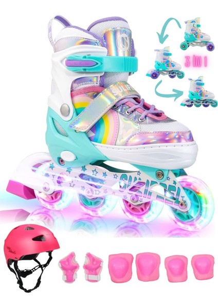 Unicorn Işıklı Paten Kask Koruma Seti 2+2 Gökkuşağı Kız Çocuk Pateni Silikon Teker,taşıma Çantalı