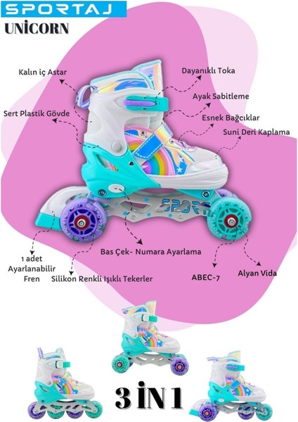 Unicorn Işıklı Paten Kask Koruma Seti 2+2 Gökkuşağı Kız Çocuk Pateni Silikon Teker,taşıma Çantalı fiyatları