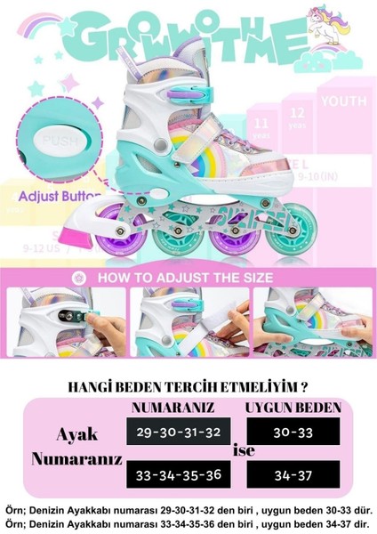 Unicorn Işıklı Paten Kask Koruma Seti 2+2 Gökkuşağı Kız Çocuk Pateni Silikon Teker,taşıma Çantalı modelleri