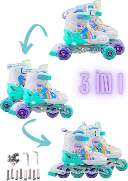 Unicorn Işıklı Paten Kask Koruma Seti 2+2 Gökkuşağı Kız Çocuk Pateni Silikon Teker,taşıma Çantalı fırsatları