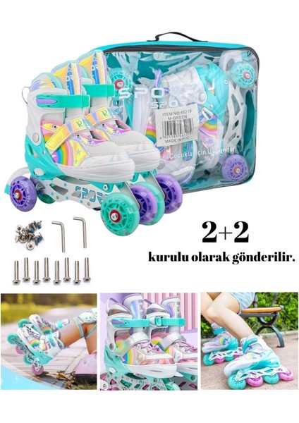 Unicorn Işıklı Paten Kask Koruma Seti 2+2 Gökkuşağı Kız Çocuk Pateni Silikon Teker,taşıma Çantalı indirimleri