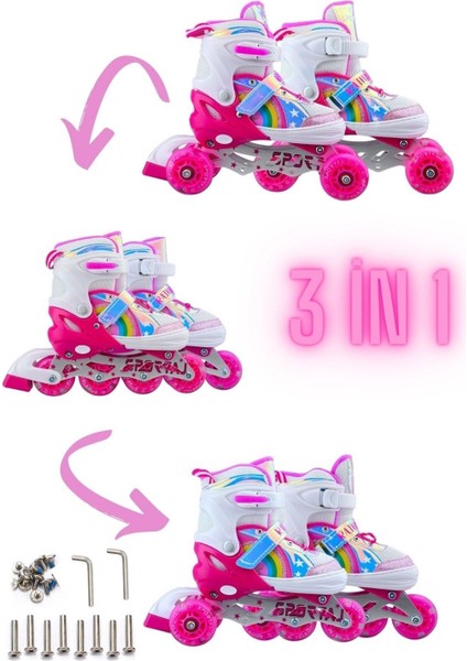 Unicorn Işıklı Paten 2+2 Gökkuşağı Kız Çocuk Pateni Silikon Teker,taşıma Çantalı 3 In 1 Teker fırsatları