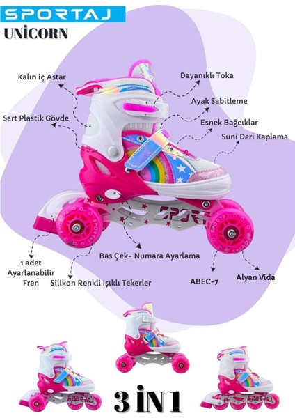 Unicorn Işıklı Paten 2+2 Gökkuşağı Kız Çocuk Pateni Silikon Teker,taşıma Çantalı 3 In 1 Teker indirimleri
