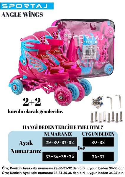 Melek Kanatlı Işıklı Paten Kask Koruma Seti 2+2 Kız Çocuk Pateni Silikon Teker,taşıma Çantalı 3 In 1