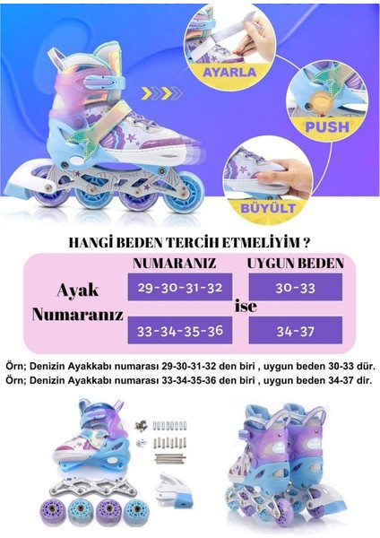 Deniz Kızı Işıklı Paten Kask Koruma Seti 2+2 Kız Çocuk Pateni Silikon Teker,taşıma Çantalı 3 In 1