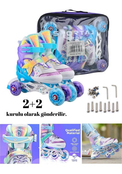 Deniz Kızı Işıklı Paten Kask Koruma Seti 2+2 Kız Çocuk Pateni Silikon Teker,taşıma Çantalı 3 In 1