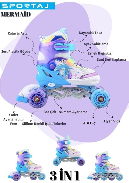 Deniz Kızı Işıklı Paten 2+2 Kız Çocuk Pateni Silikon Teker,taşıma Çantalı 3 In 1 Teker