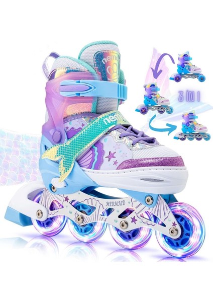 Deniz Kızı Işıklı Paten 2+2 Kız Çocuk Pateni Silikon Teker,taşıma Çantalı 3 In 1 Teker