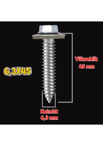 Betofast Vidası 6.3X45 Paket 100 Adet Sivri Uçlu Çatı Panel Beton Ağaç Vidası