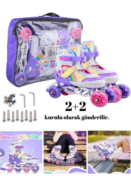 Unicorn Işıklı Paten Kask Koruma Seti 2+2 Gökkuşağı Kız Çocuk Pateni Silikon Teker,taşıma Çantalı 