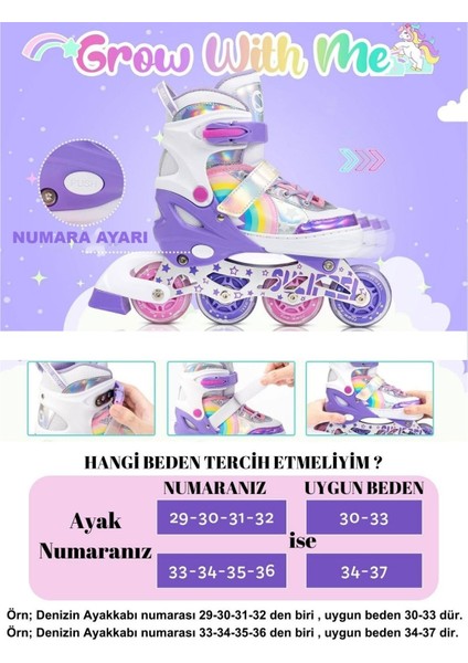 Unicorn Işıklı Paten Kask Koruma Seti 2+2 Gökkuşağı Kız Çocuk Pateni Silikon Teker,taşıma Çantalı 