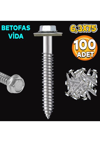 Betofast Vidası 6.3X75 Paket 100 Adet Sivri Uçlu Çatı Panel Beton Ağaç Vidası