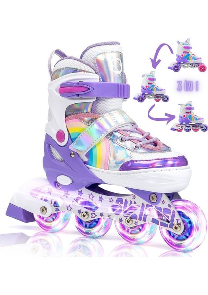 Unicorn Işıklı Paten 2+2 Gökkuşağı Kız Çocuk Pateni Silikon Teker,taşıma Çantalı 3 In 1 Teker