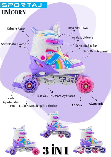 Unicorn Işıklı Paten 2+2 Gökkuşağı Kız Çocuk Pateni Silikon Teker,taşıma Çantalı 3 In 1 Teker fırsatları