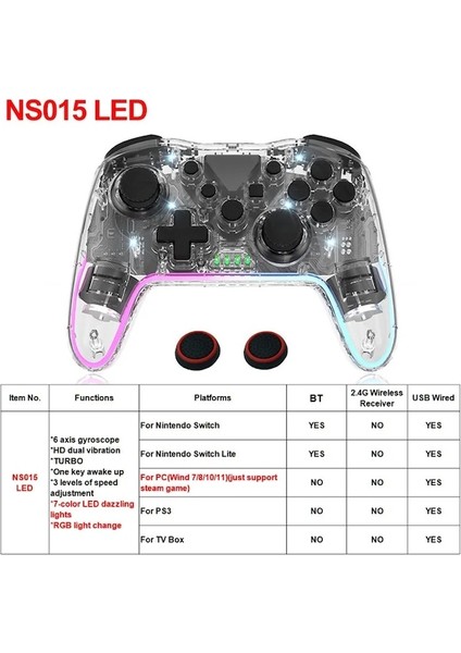 NS015 Beyaz-Kablosuz Denetleyici Bt Nintendo Anahtarı Pc Ps3 Tv Kutusu Joystick Şeffaf LED Gecikmesiz Gamepad Rgb Işık Turbo (Yurt Dışından)