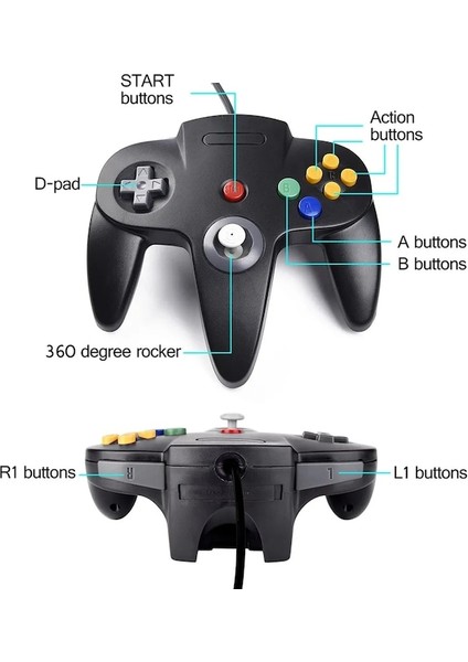 BLACK-N64 Klasik Denetleyici 64-Bit Kablolu Uzaktan Kumanda Gamepad Joystick Retro Oyun Aksesuarları Video Oyun Sistemi Konsolu Joypad (Yurt Dışından)