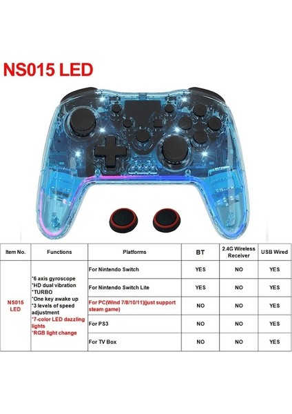 NS015 Mavi-Kablosuz Denetleyici Bt Nintendo Anahtarı Pc Ps3 Tv Kutusu Joystick Rgb Işık Turbo ile Şeffaf LED Gecikmesiz Gamepad (Yurt Dışından)