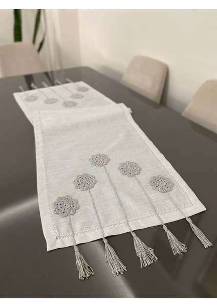 Parla Lifee Simli Gri Renk Örgü Işlemeli Runner 40 x 120  cm  (Özel Ölçü Yapılor