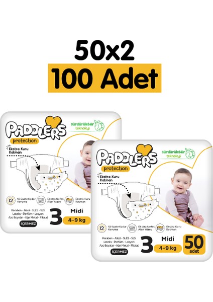 Protection Bebek Bezi 3 Numara Midi 100 Adet (4-9 Kg) 2'li Jumbo Set