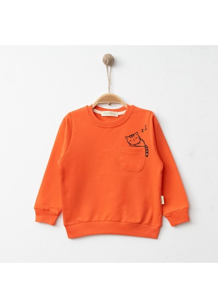 Sweatshirt Uykucu Kedi Baskılı Mercan
