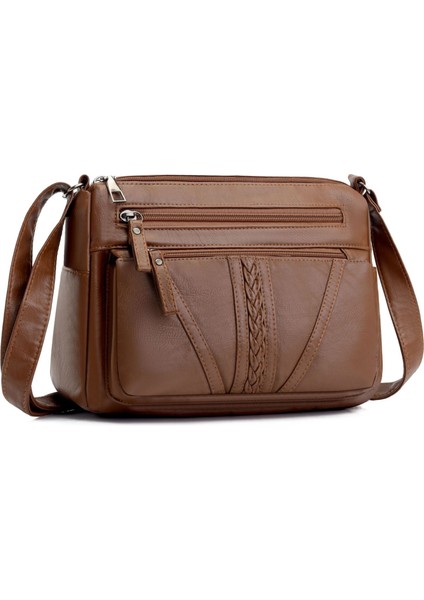 Orta Yaşlı Kadın Çantası Anne Çantası Yeni Moda Çok Yönlü Crossbody Çanta Su Geçirmez Büyük Kapasiteli Yıkanmış Deri Çok Bölmeli Omuz Çantası (Yurt Dışından)