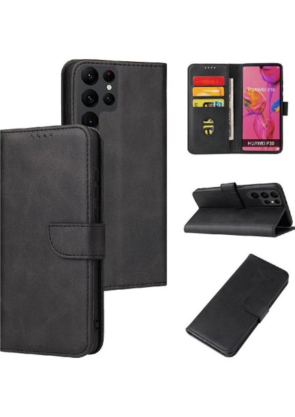 Samsung Galaxy S22 Ultra Deri Folio Flip Case Manyetik Karbon (Yurt Dışından)