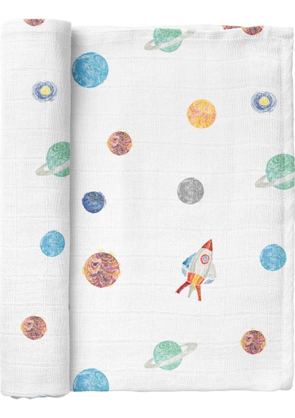Space Planet Allover 100% Pamuk Yıkanmış Müslin Örtü (115X115 Cm)