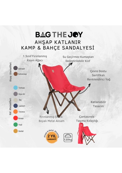 Bag The Joy Ahşap Katlanır Kamp & Bahçe Sandalyesi – Antrasit - Kırmızı Kılıf