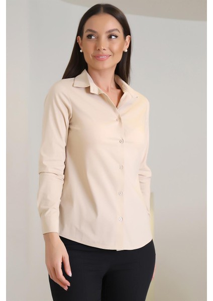 Sweetness Kadın Açık Bej Likralı Uzun Kol Pamuklu Klasik gömlek modelleri
