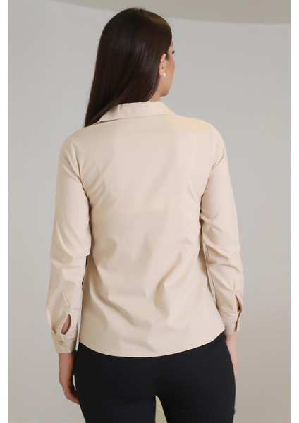 Sweetness Kadın Açık Bej Likralı Uzun Kol Pamuklu Klasik gömlek indirimleri