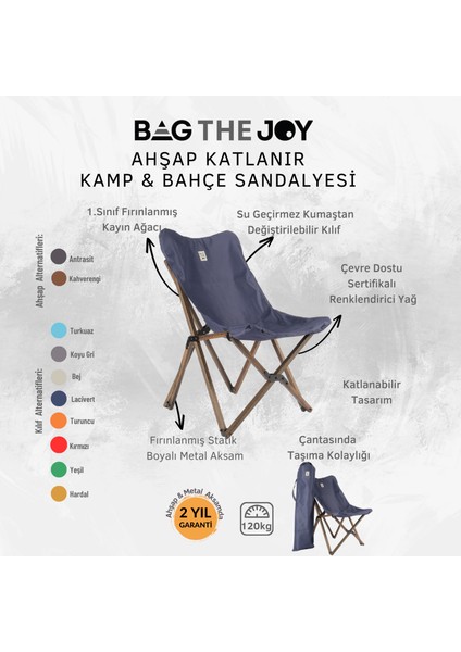 Bag The Joy Ahşap Katlanır Kamp & Bahçe Sandalyesi – Antrasit Iskelet - Lacivert Kılıf