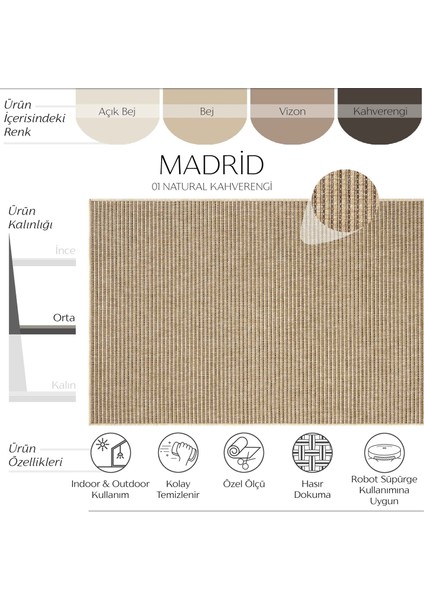 Madrid Natural Kahve Mutfak Halısı Jüt Hasır Dokulu Balkon Halısı Büro Ofis Halısı Işyeri Halısı