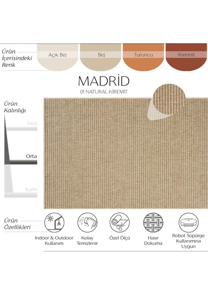 Madrid Natural Kiremit Mutfak Halısı Jüt Hasır Dokulu Balkon Halısı Ofis Halısı Outdoor Halı