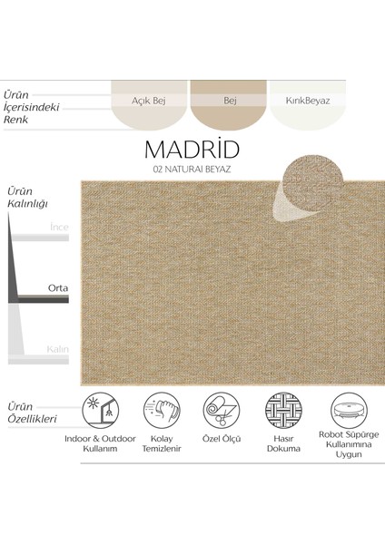 Madrid Natural Beyaz Mutfak Halısı Jüt Hasır Dokulu Balkon Halısı Büro Ofis Halısı Outdoor Halı