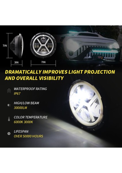 Jeep Wrangler Jk Tj Lj Için 500W 7 Inç Yuvarlak Melek Gözü LED 30000LM (Yurt Dışından) fiyatları