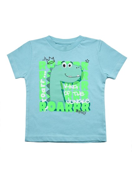 Sevimli Dinozor Baskılı Erkek Bebek Tshirt Mavi