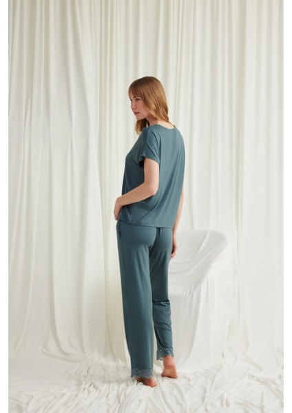 Kadın Kısa Kollu V Yakalı Dantelli Pijama Takımı 18541 fırsatları