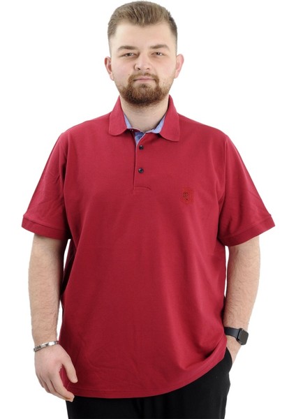 Battal Beden Erkek Tshirt Polo Yaka Nakışlı Klasik Pike 20553 Bordo