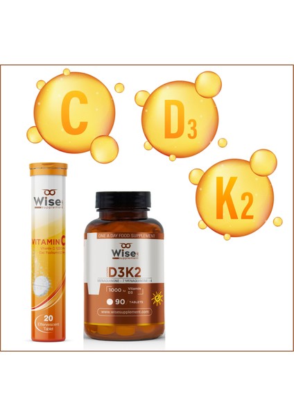 Vitamin D3 K2 90 Tablet, Vitamin C + Çinko Efervesan 20 Tablet